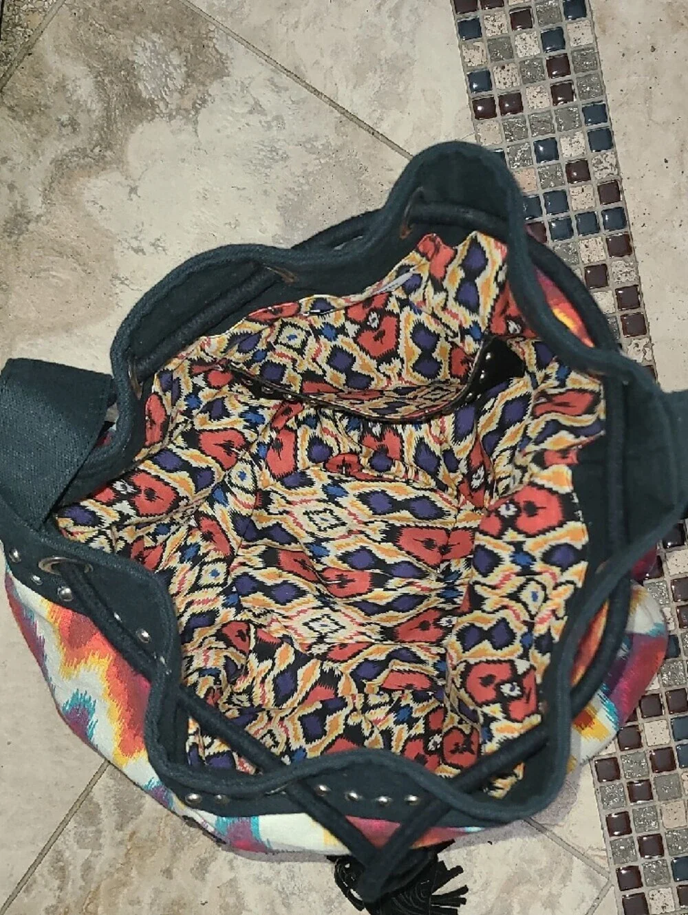 Zara Multicolor Zigzag Hobo Shoulder Bag with Black Trim